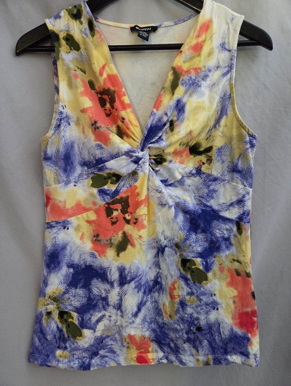 Graffiti Twist-Front Floral Sleeveless Top - Yellow/Blue/Pink